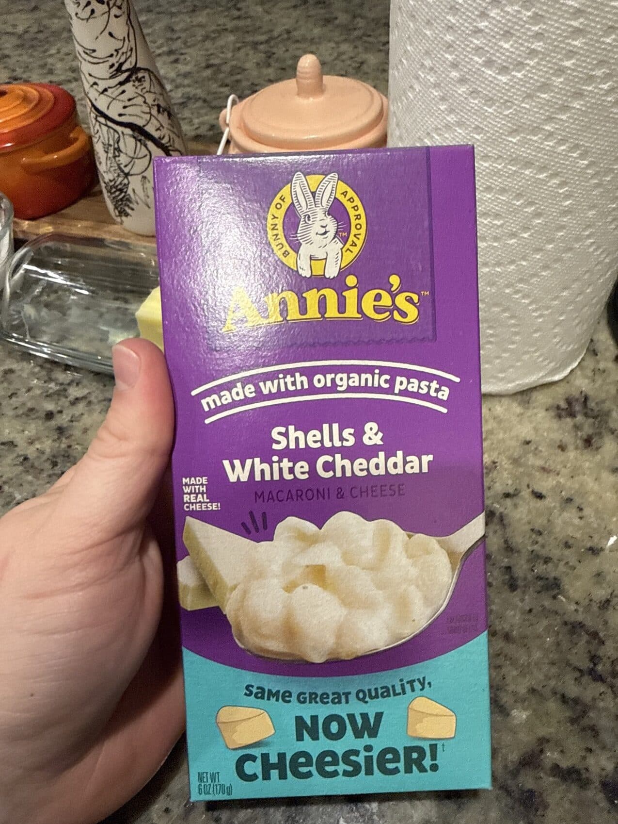 Annie's Shells and white cheddar macaroni and cheese packshot