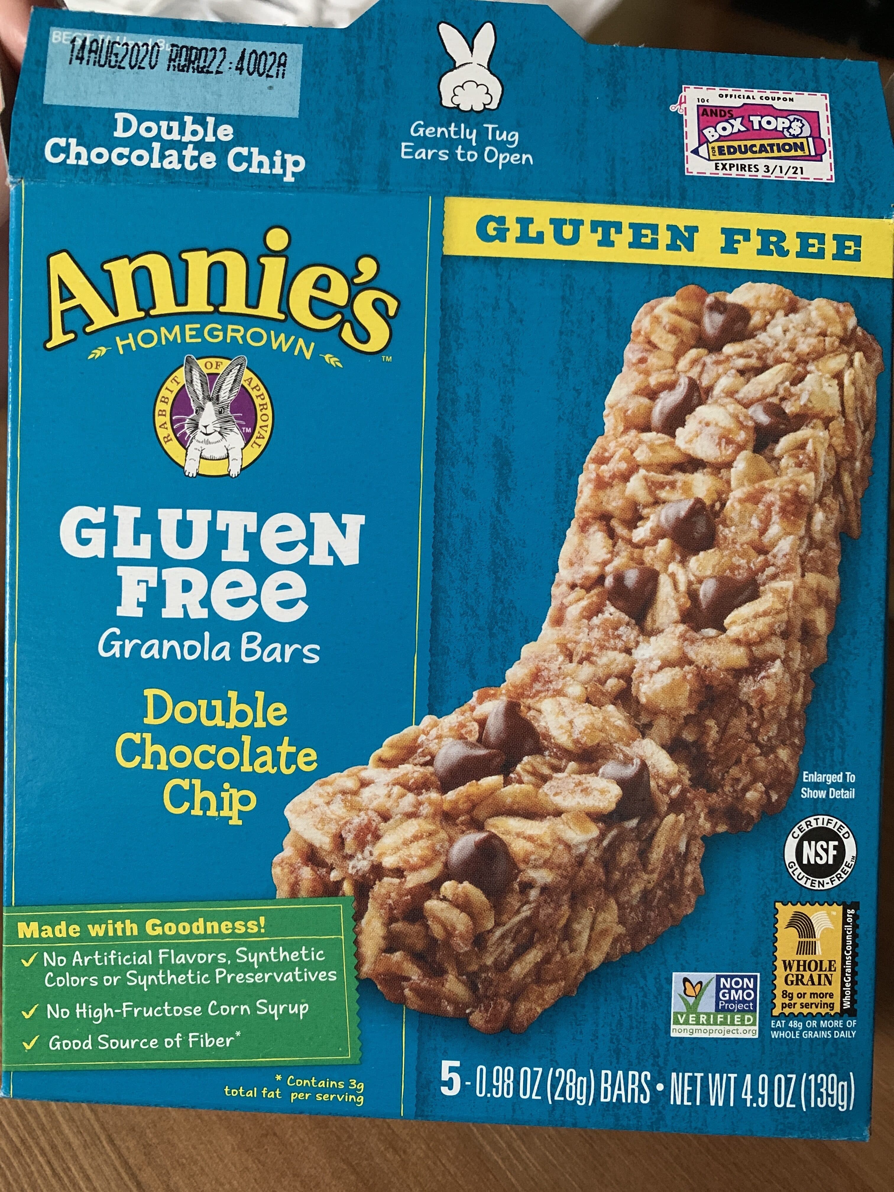 Annie's Gluten Free Double Chocolate Chip Granola Bars packshot
