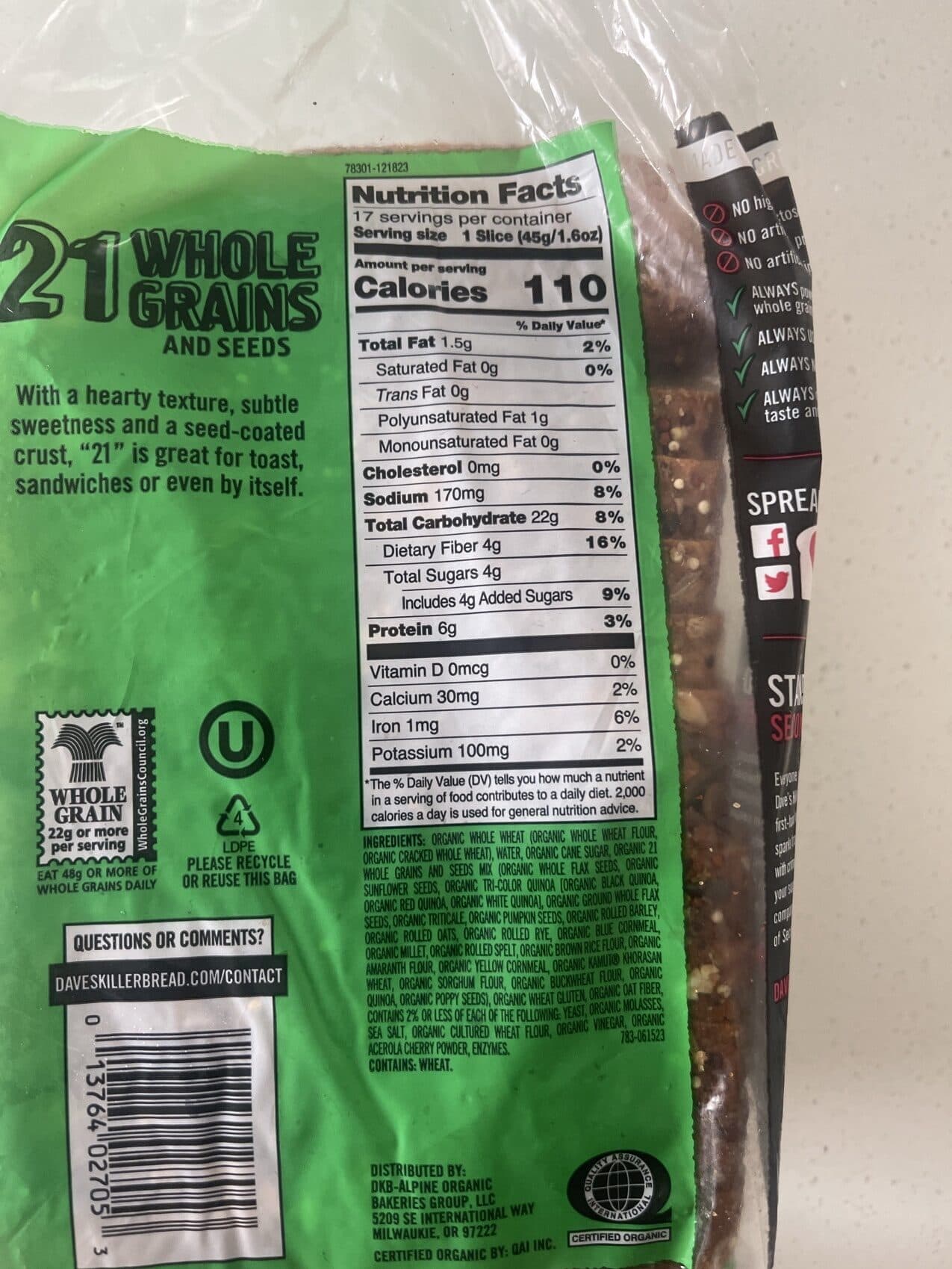 Dave's Killer Bread Organic Bread 21 Whole Grains and Seeds packshot