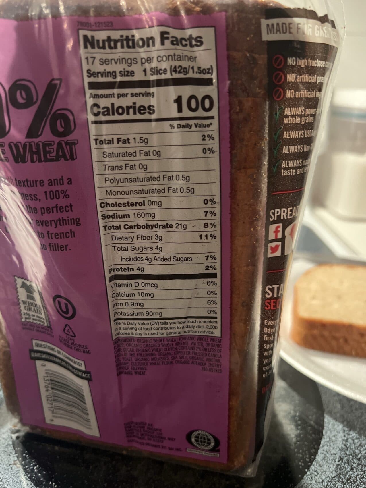 Dave's Killer Bread 100% Whole Wheat Organic Bread packshot