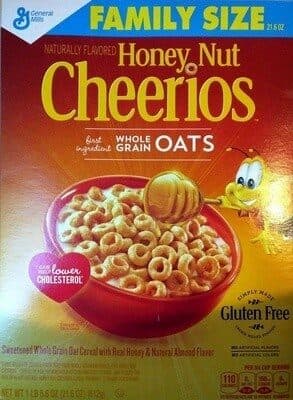 General Mills Honey nut sweetened whole grain oat cereal with packshot