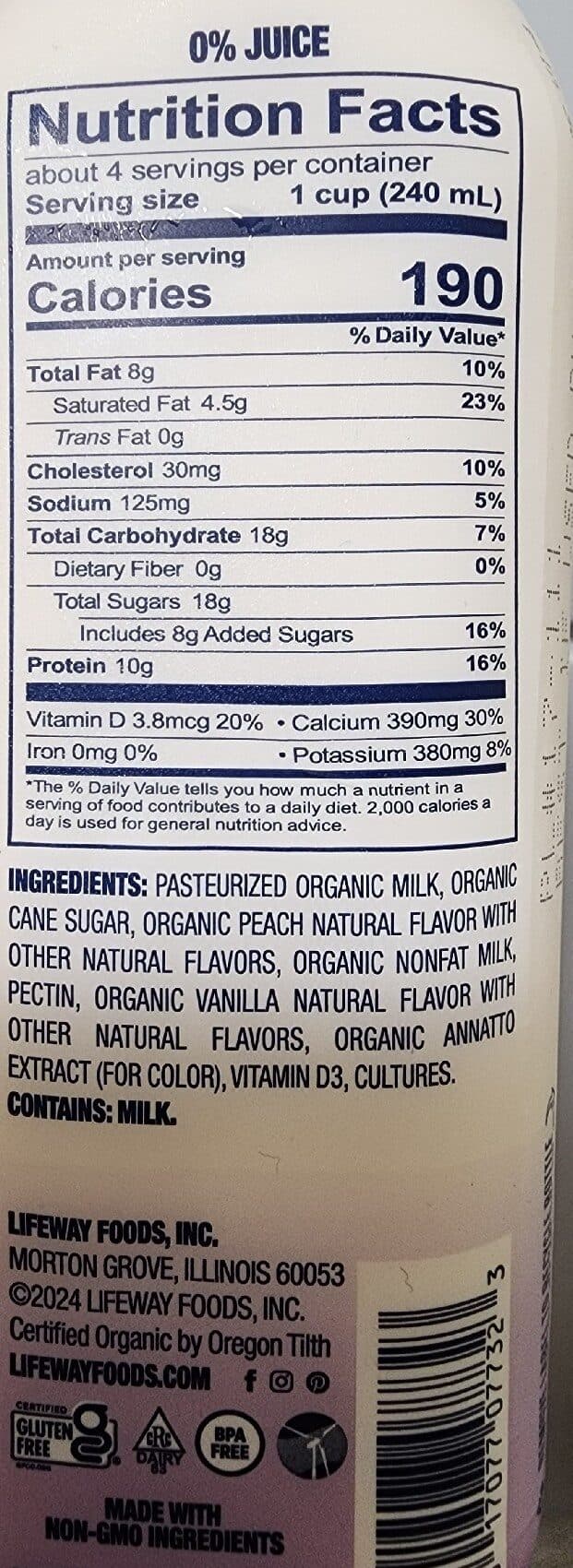 Lifeway Organic Kefir Cultured Whole Milk Peach packshot