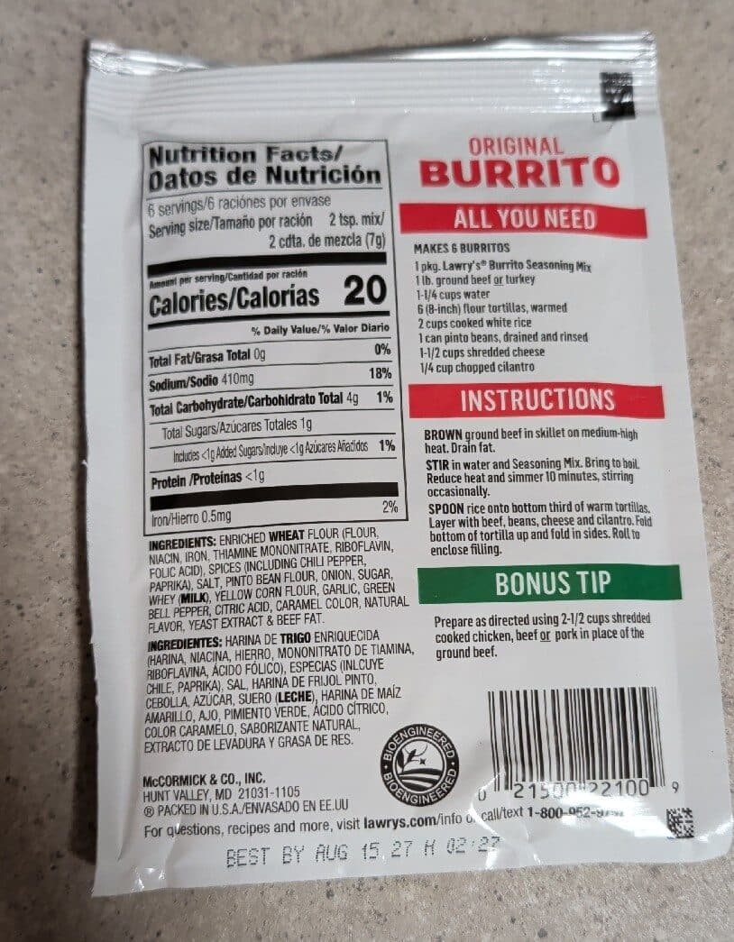 Lawry's Burrito Spices & Seasonings packshot
