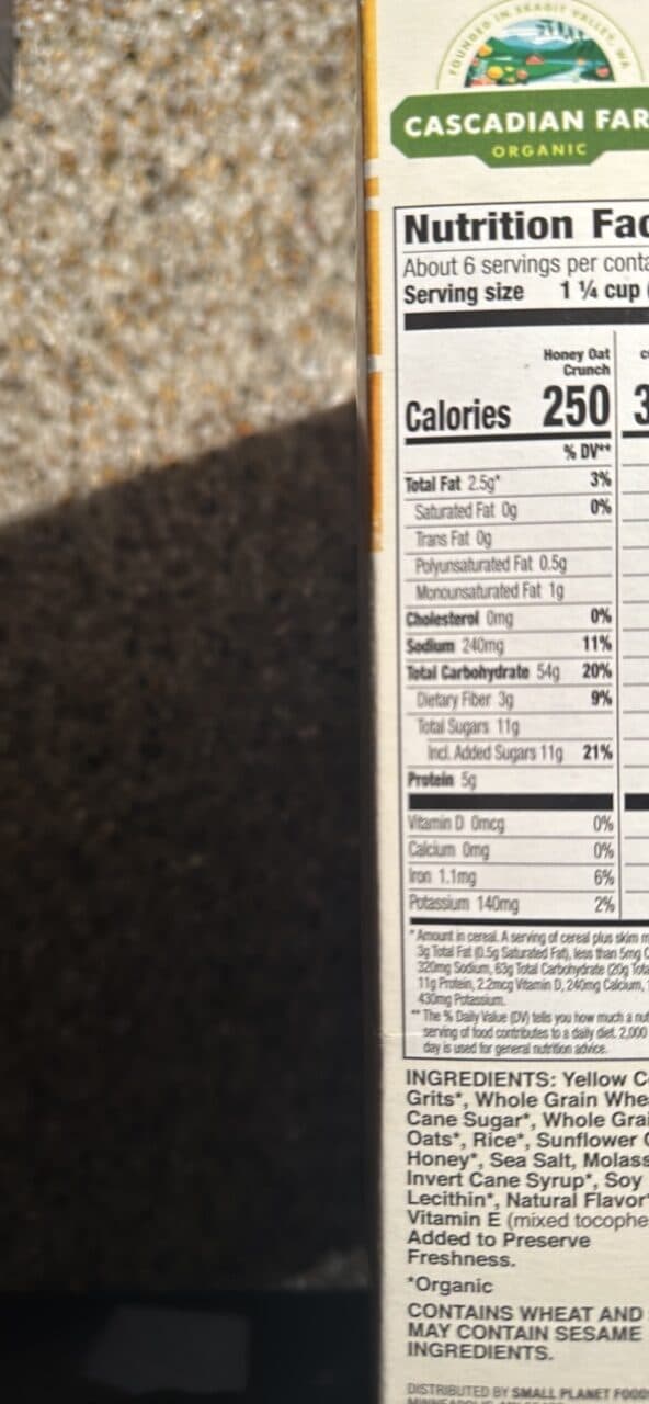 CASCADIAN FARM ORGANIC HONEY OAT CRUNCH CEREAL packshot