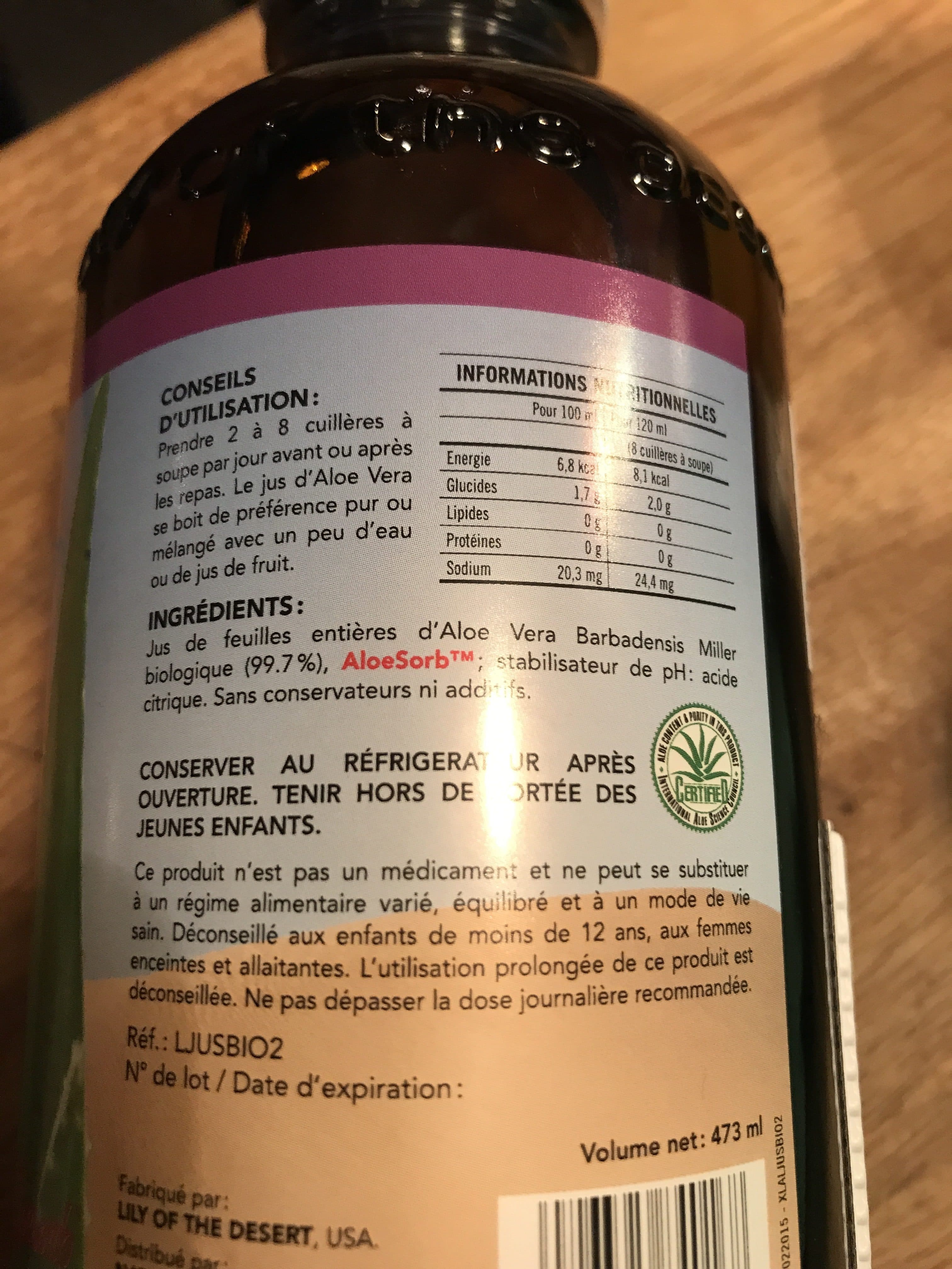 Lily of the desert Jus Biologique D' Aloe vera Bio packshot