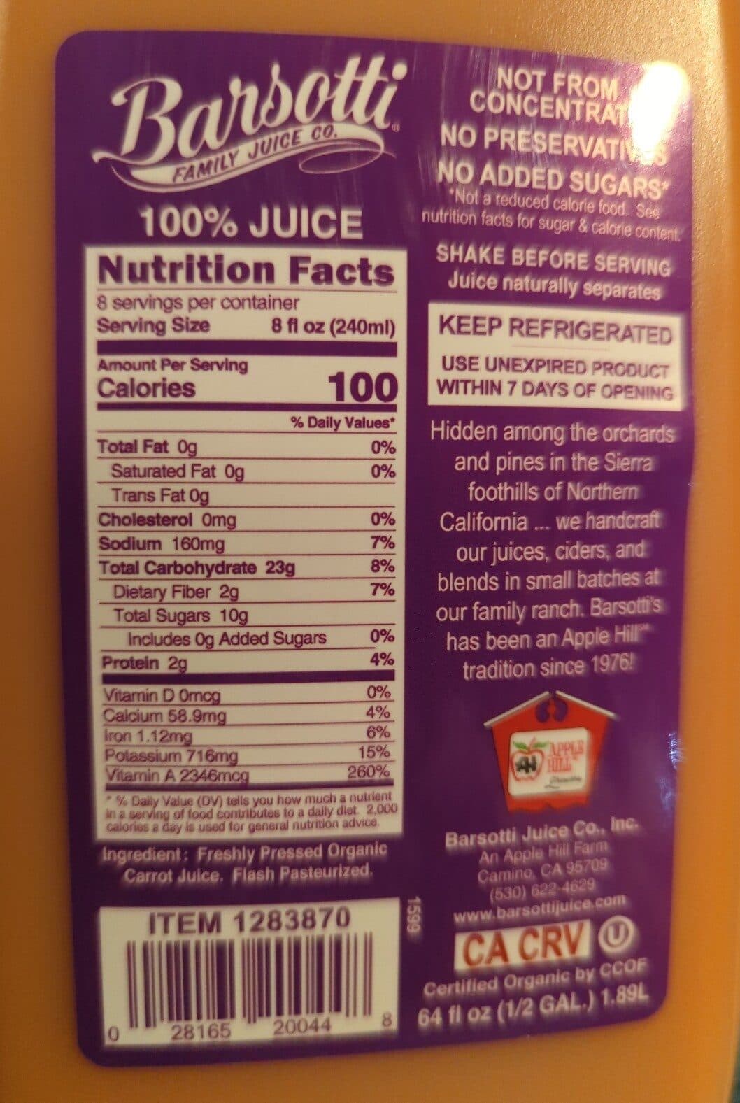 Barsotti Juice Co. Inc. Organic Carrot Juice packshot