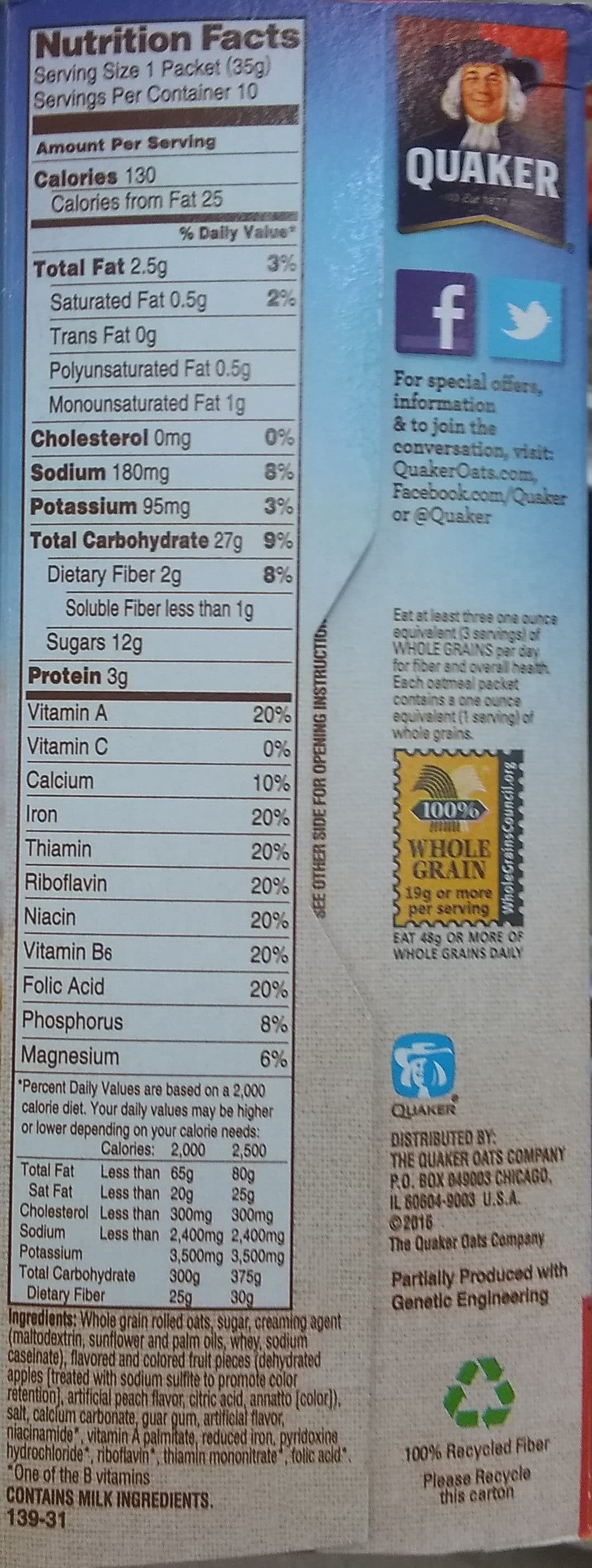 Quaker Peaches & Cream Instant Oatmeal packshot