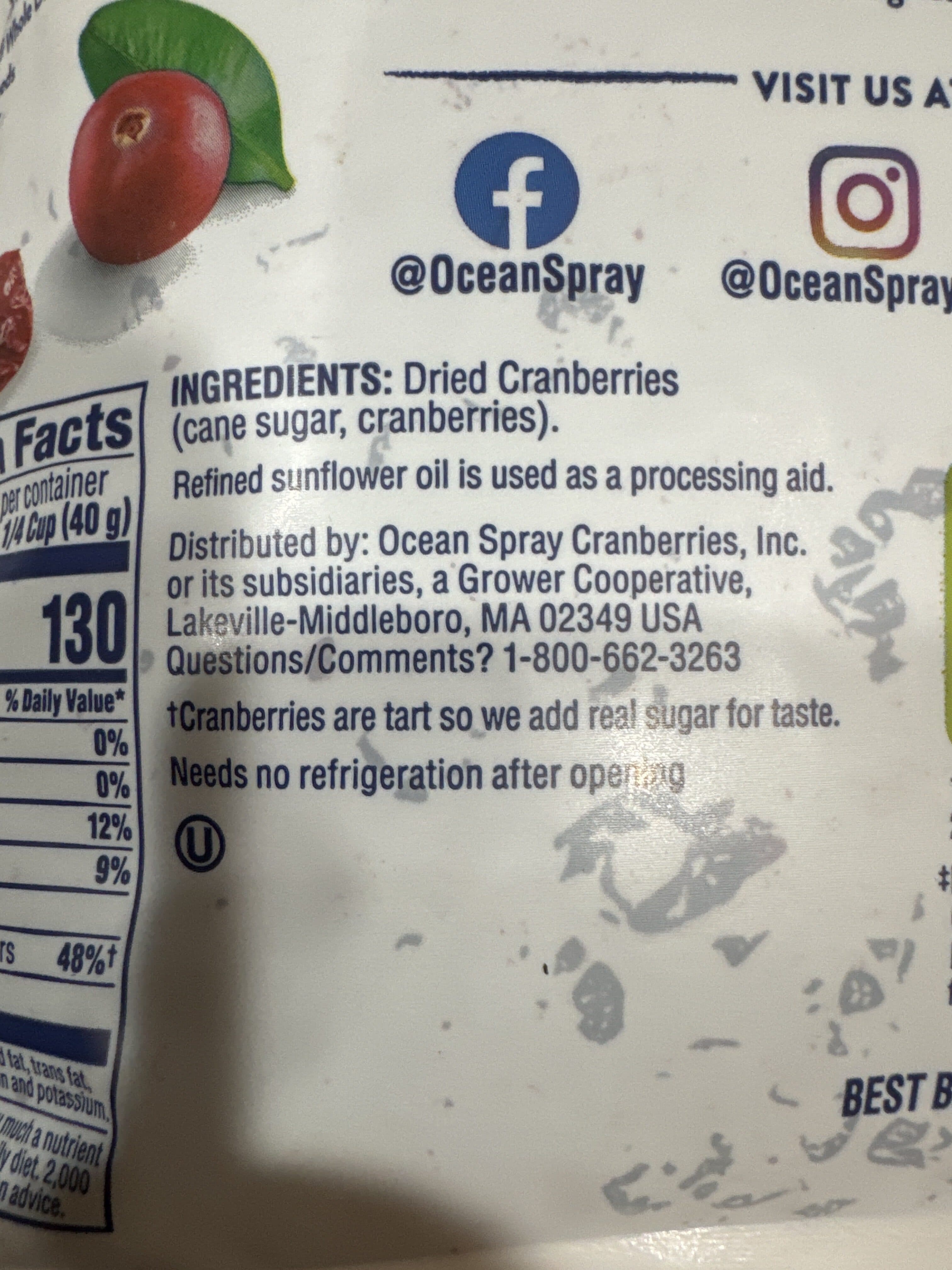 Ocean Spray Craisins® Whole & Juicy Dried Cranberries packshot