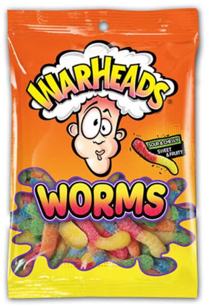 Warheads Sour & chewy sweet & fruity lemon, cherry, blue raspberry, orange, green apple, lemon worms chewy candy packshot