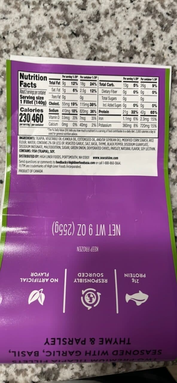 Sea Cuisine Garlic & Herb Tilapia packshot