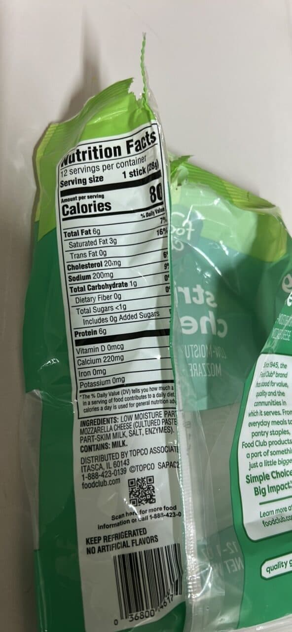 food club string cheese low-moisture part-skim mozzarella cheese packshot