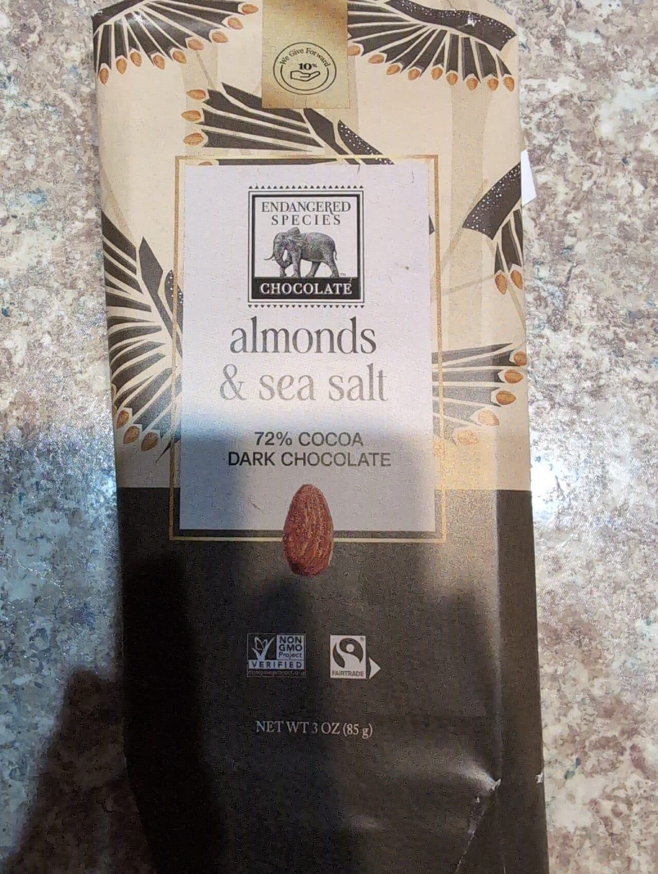 Endangered Species Chocolate almonds & sea salt 72% cocoa dark chocolate packshot