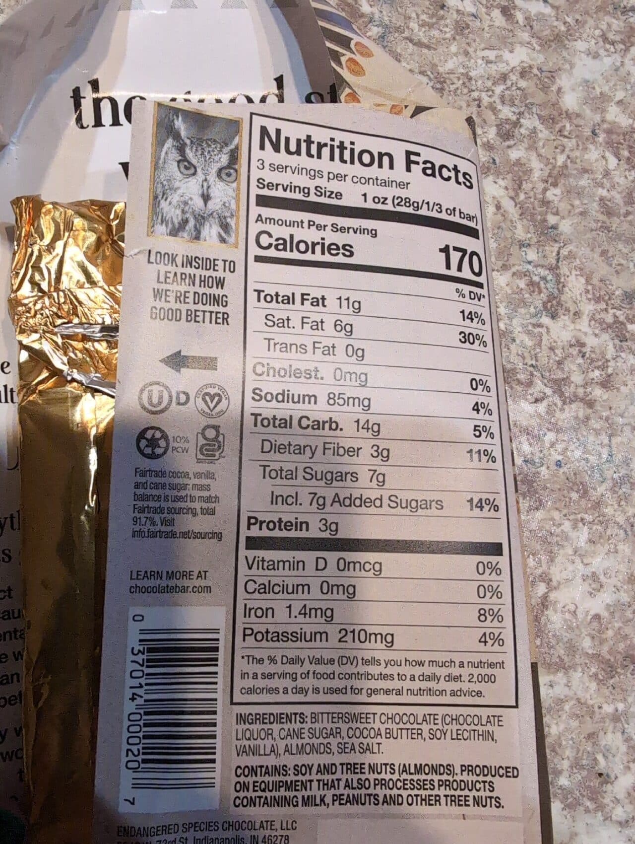 Endangered Species Chocolate almonds & sea salt 72% cocoa dark chocolate packshot