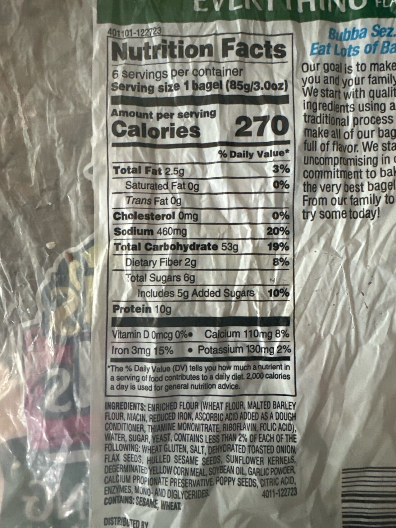 Bubba's Home Slice bagels 6, everything with flax seeds packshot