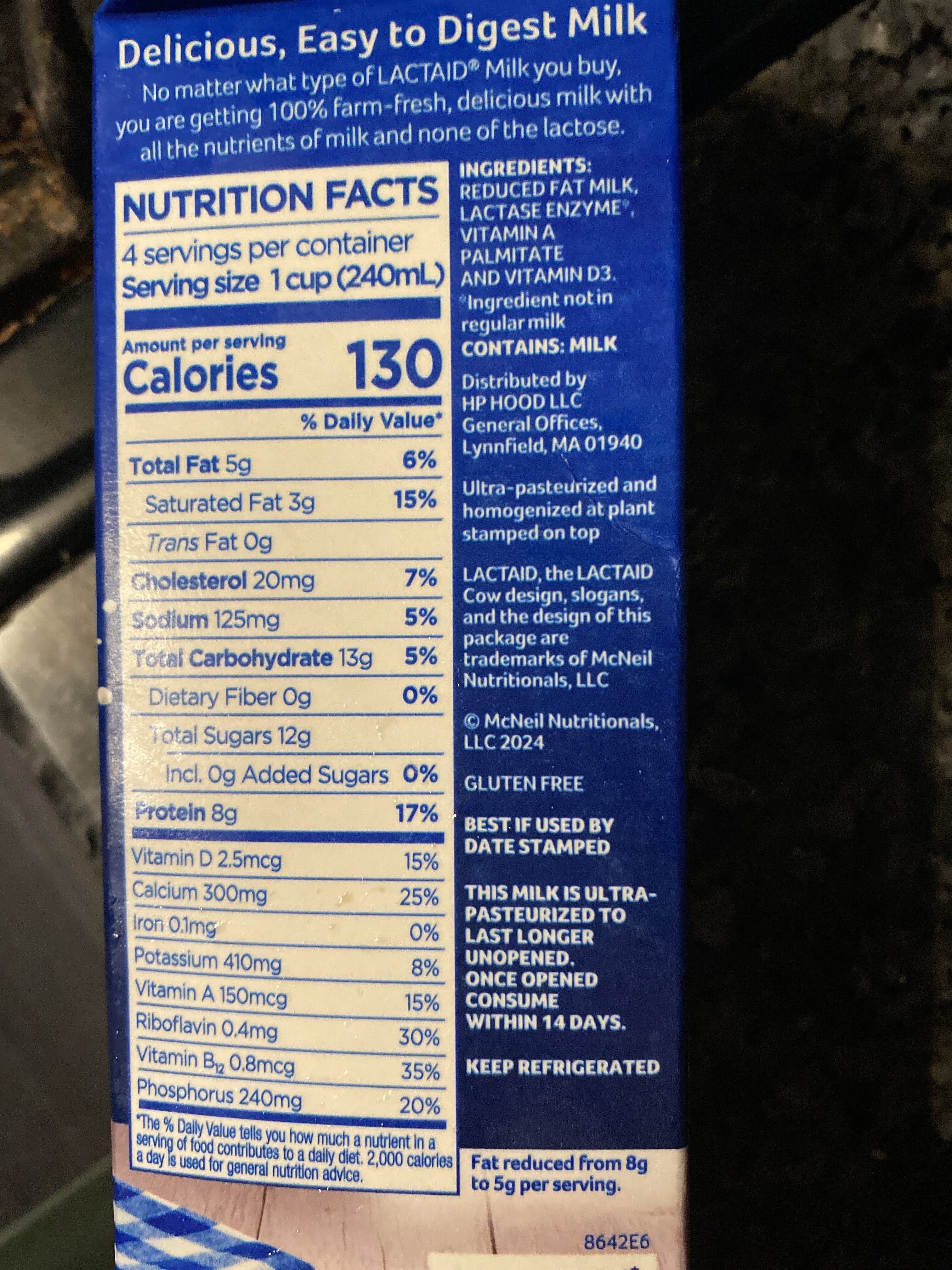Lactaid Reduced Fat Milk packshot