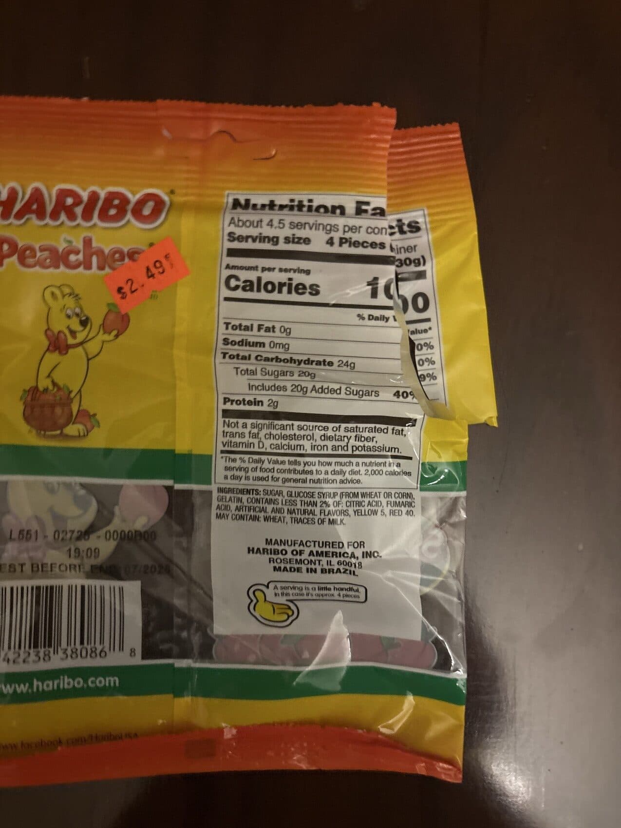 Haribo Hairbo gummy peaches--individually wrapped gummy candy packshot