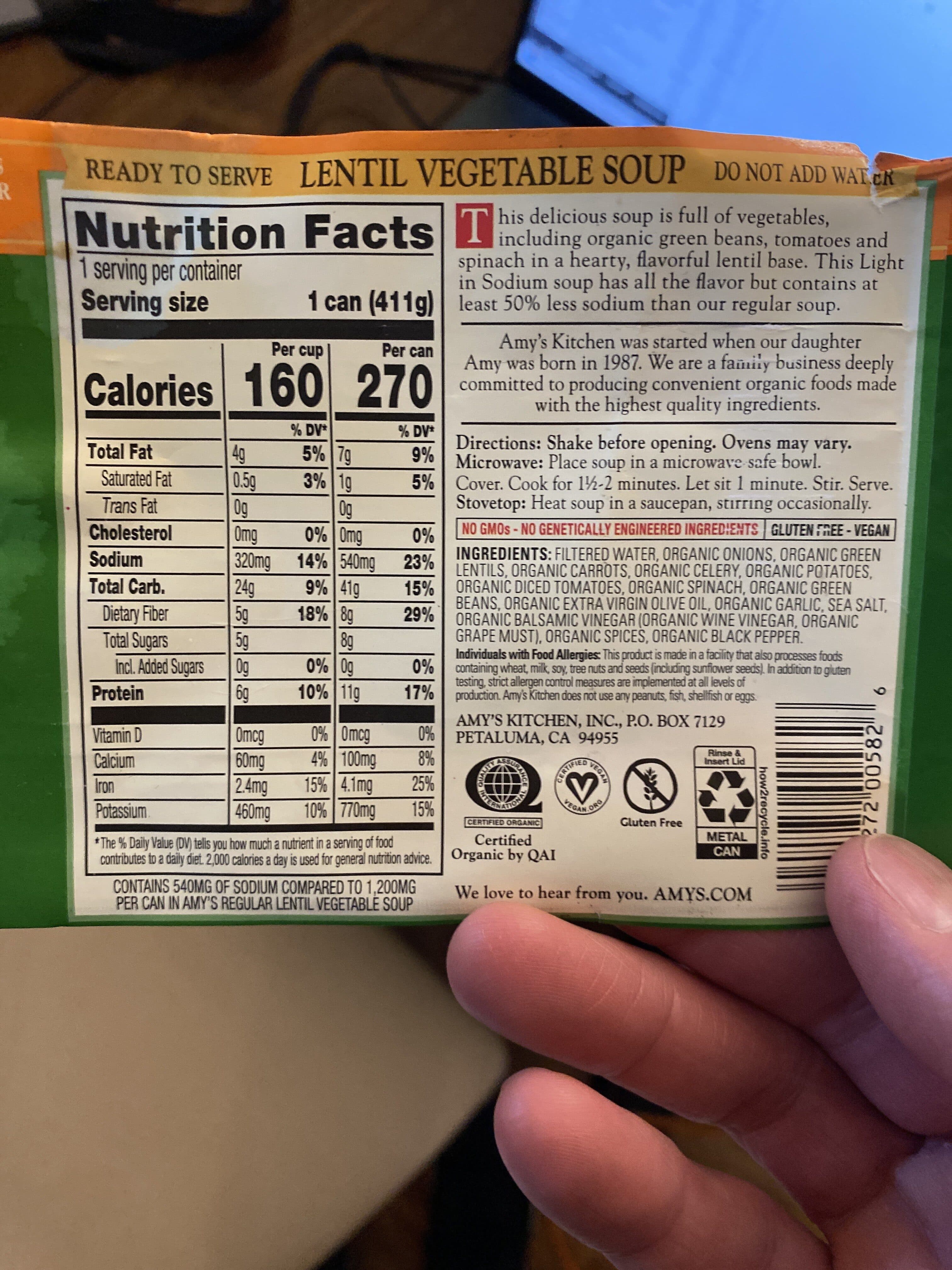 Amy's Organic Soups Lentil Vegetable packshot