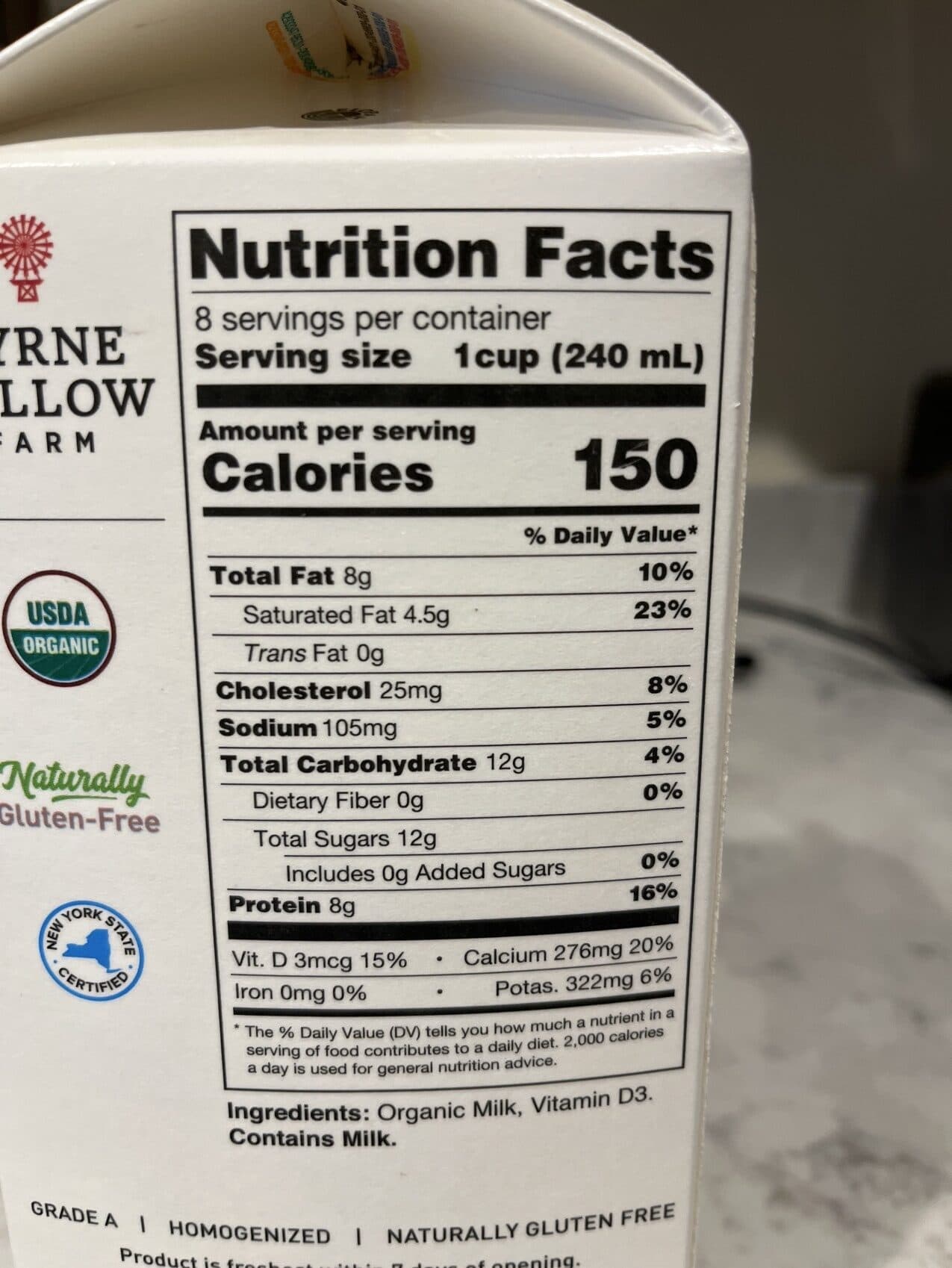 Byrne Dairy Inc. Organic Vitamin D Whole Milk packshot