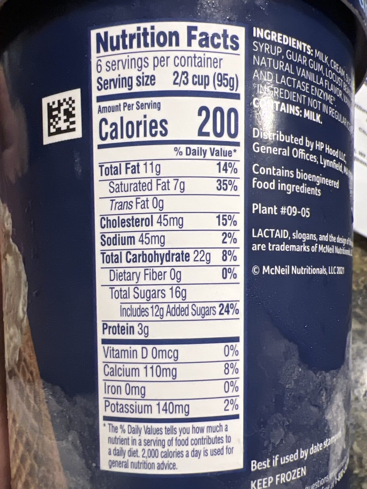 Lactaid Lactose free vanilla ice cream packshot