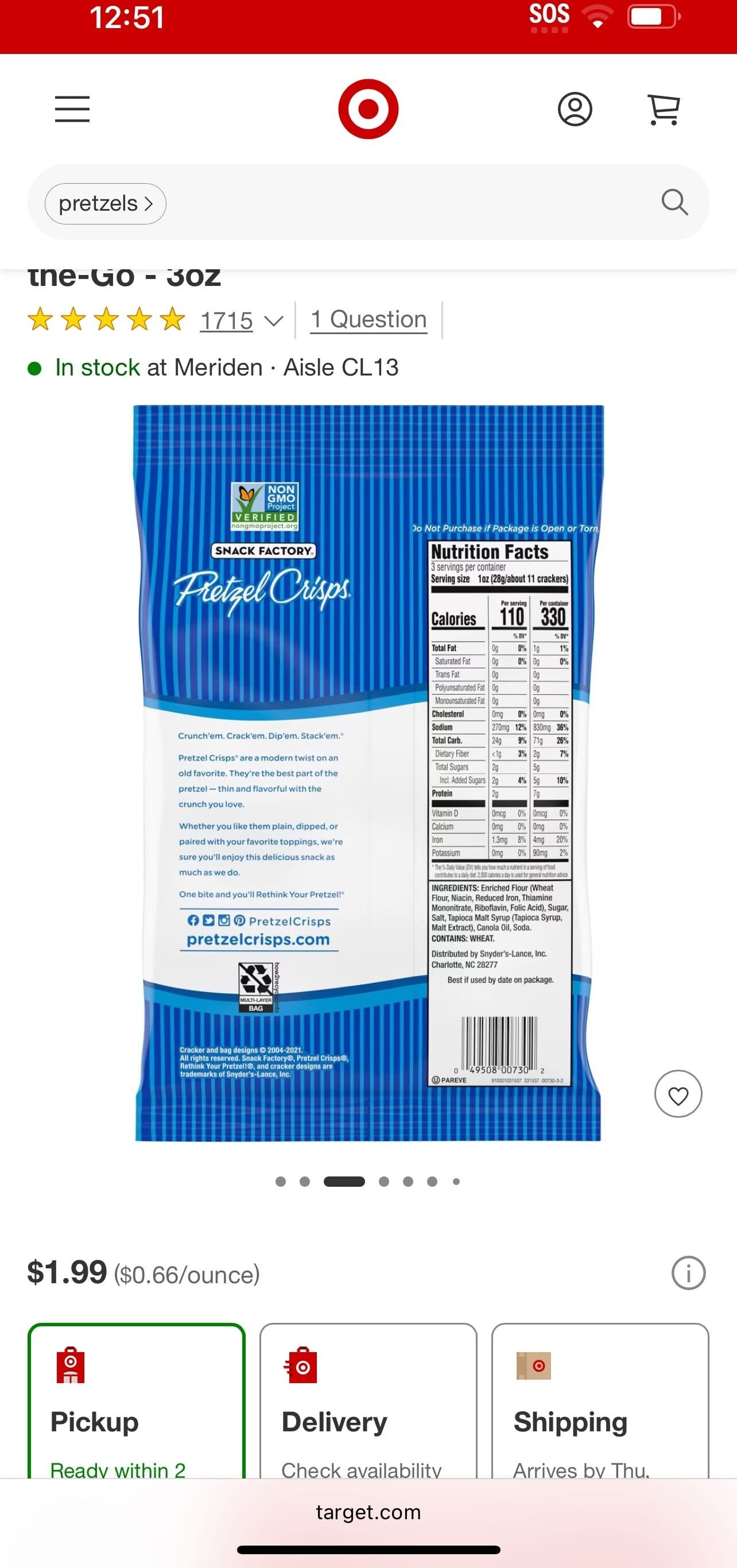 Snack Factory Pretzel Crisps Original Deli Style Thin Crunchy Pretzel Crackers packshot