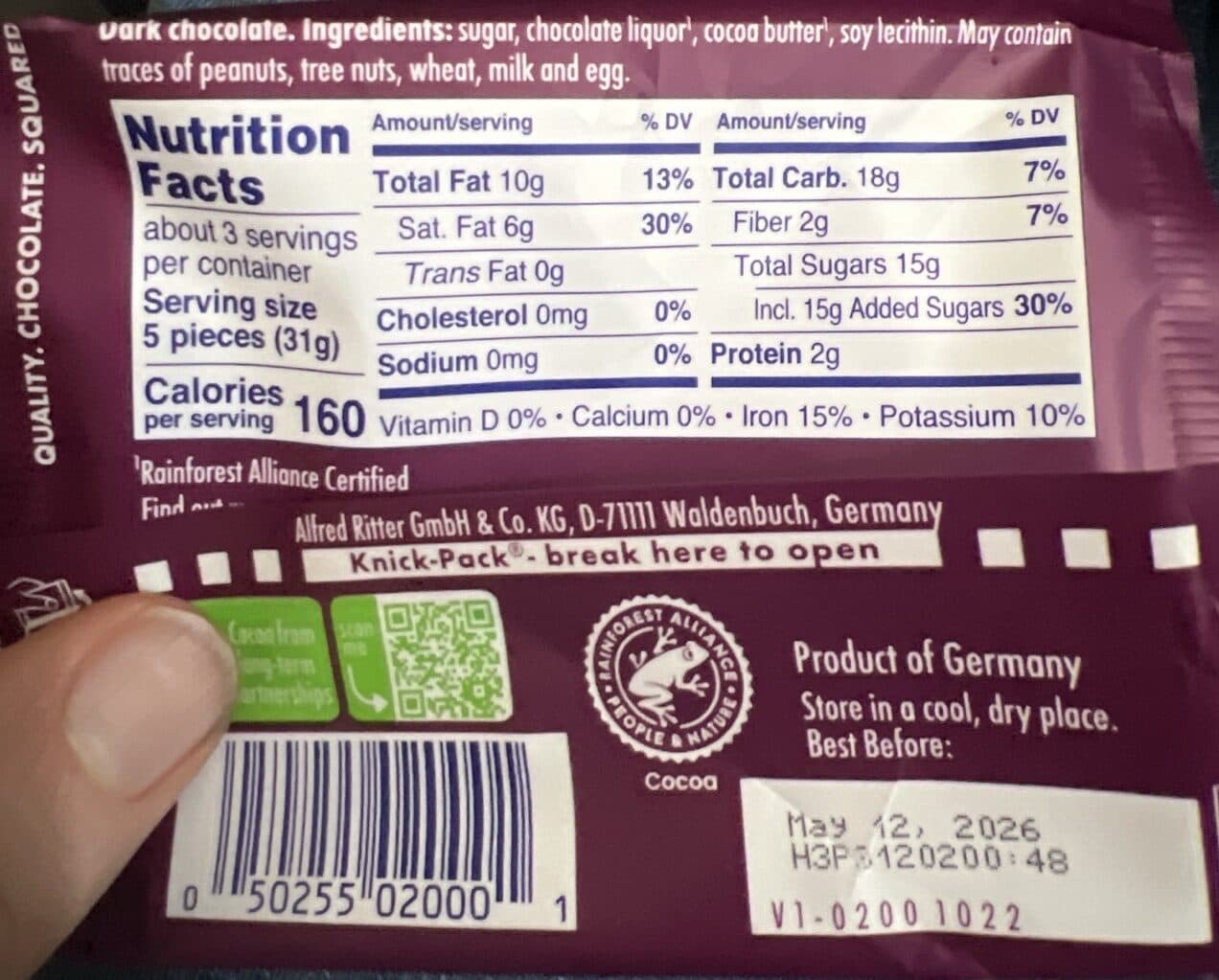 Ritter Sport Dark Chocolate packshot