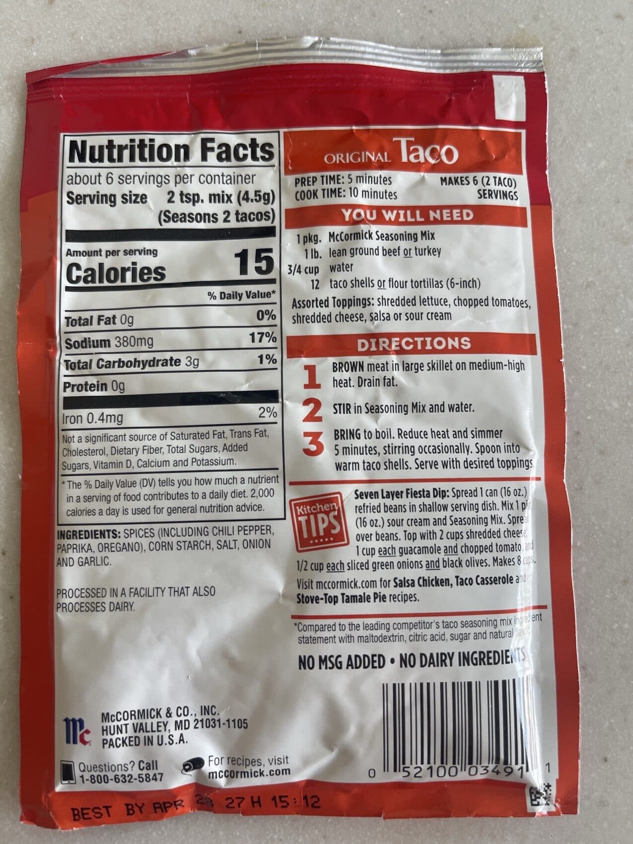 McCormick Original Taco Seasoning Mix packshot