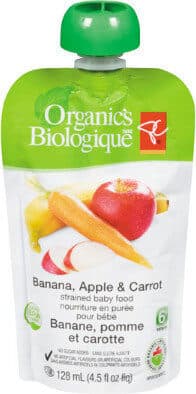 Organic's Biologique Banana apple & carrot strained baby food packshot