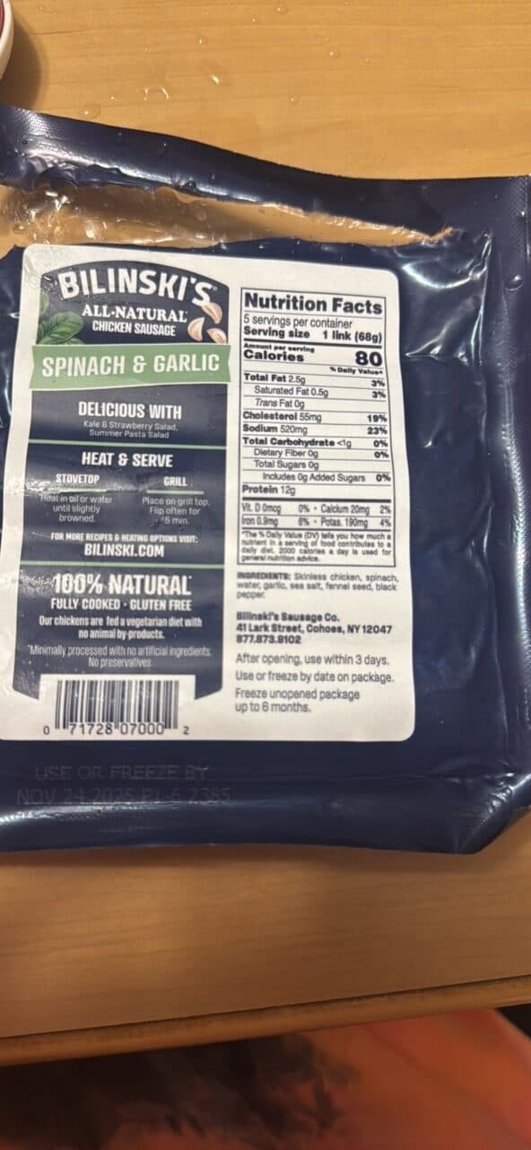 Bilinski's Chicken Sausage Spinach & Garlic packshot