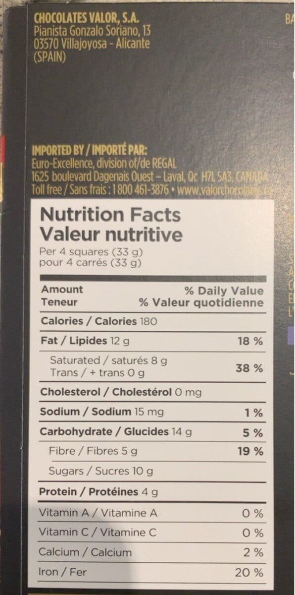 Chocolates Valor S.A. 70% cacao intense dark/noir intense chocolate packshot