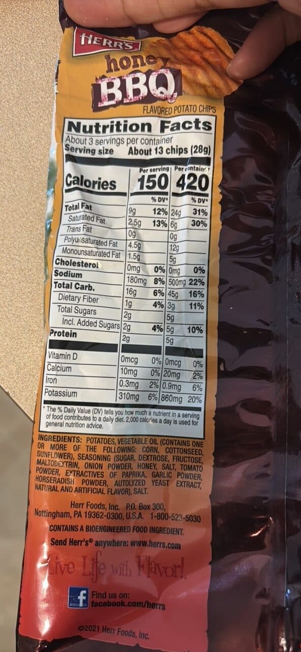 Herr's Honey BBQ Flavored Potato Chips packshot