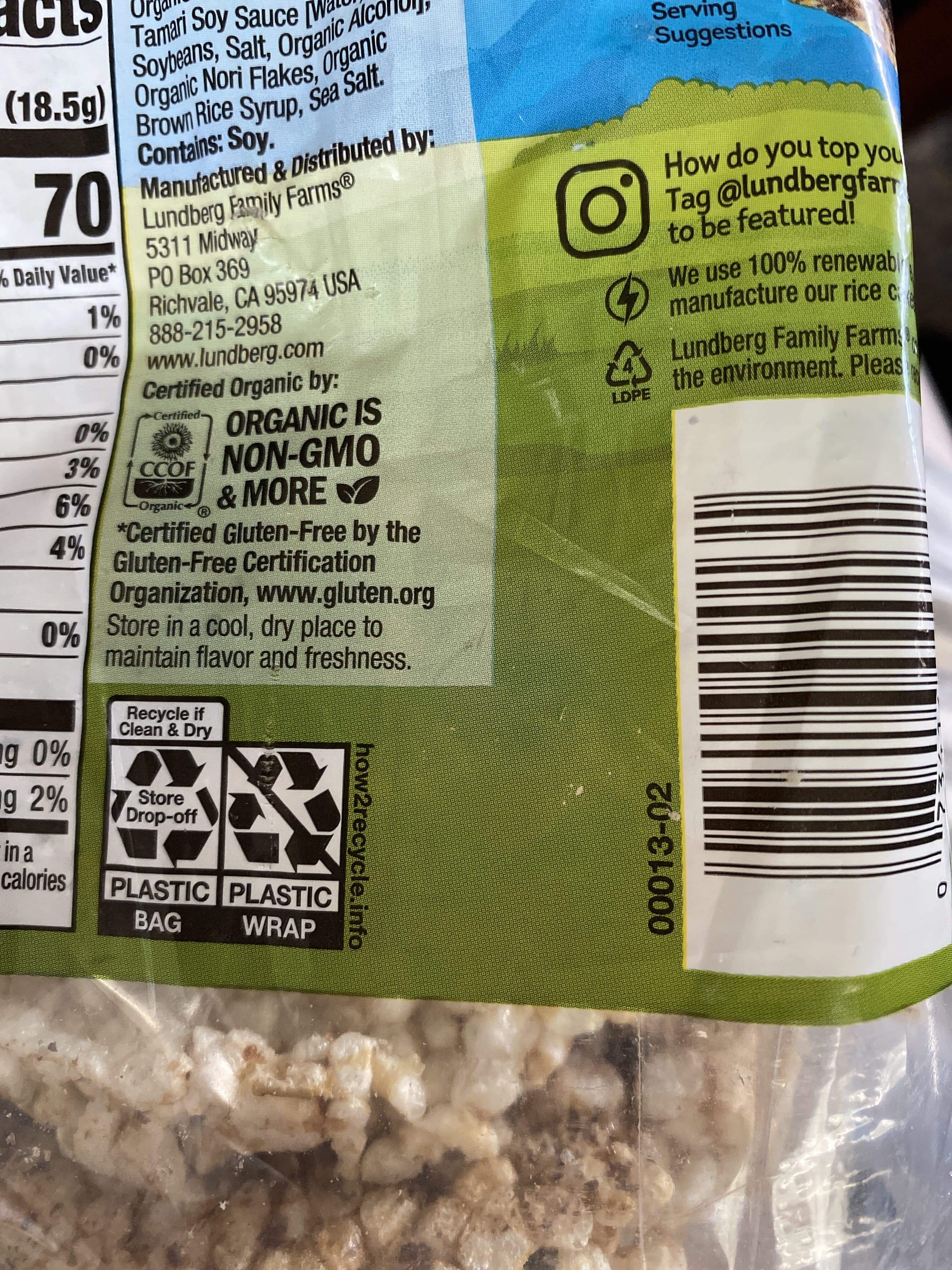 Lundberg Family Farms Brown Rice Cakes Tamari with Seaweed packshot