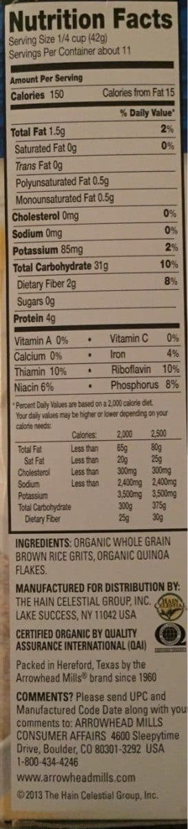 Arrowhead Mills Quinoa Rice & Shine Hot Cereal Gluten Free packshot