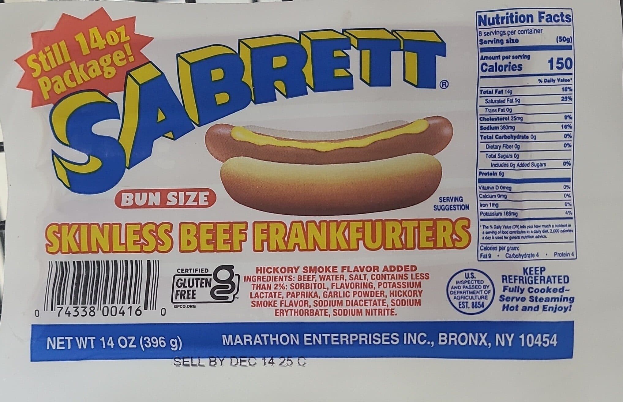Sabrett Skinless Beef Frankfurters packshot