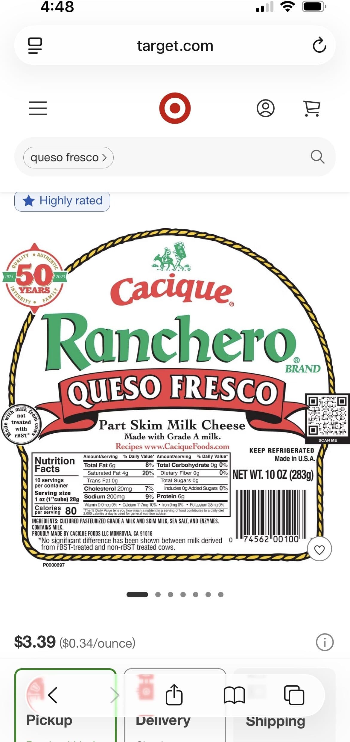 Cacique Ranchero Queso Fresco Part Skim Milk Cheese packshot