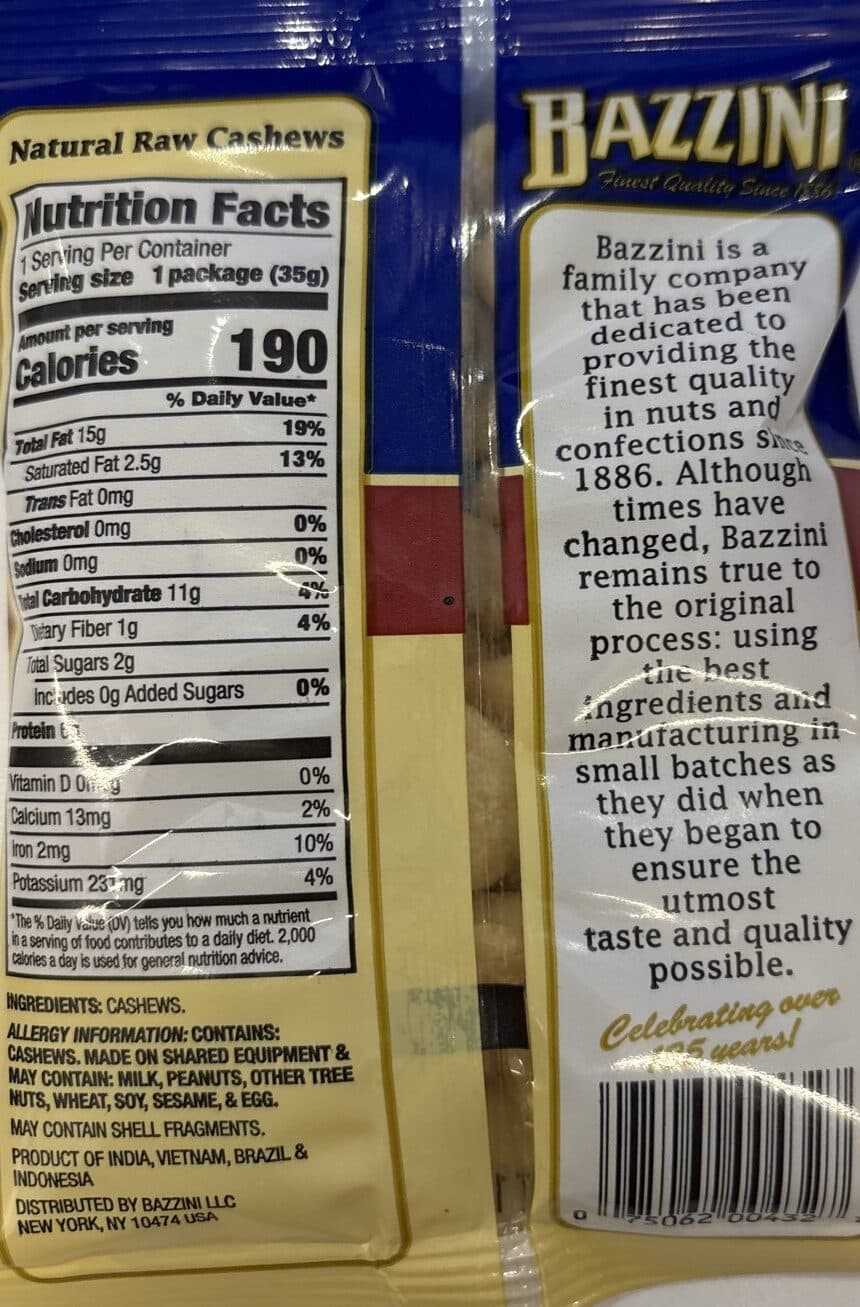 Bazzini Bazzini, natural raw cashews packshot
