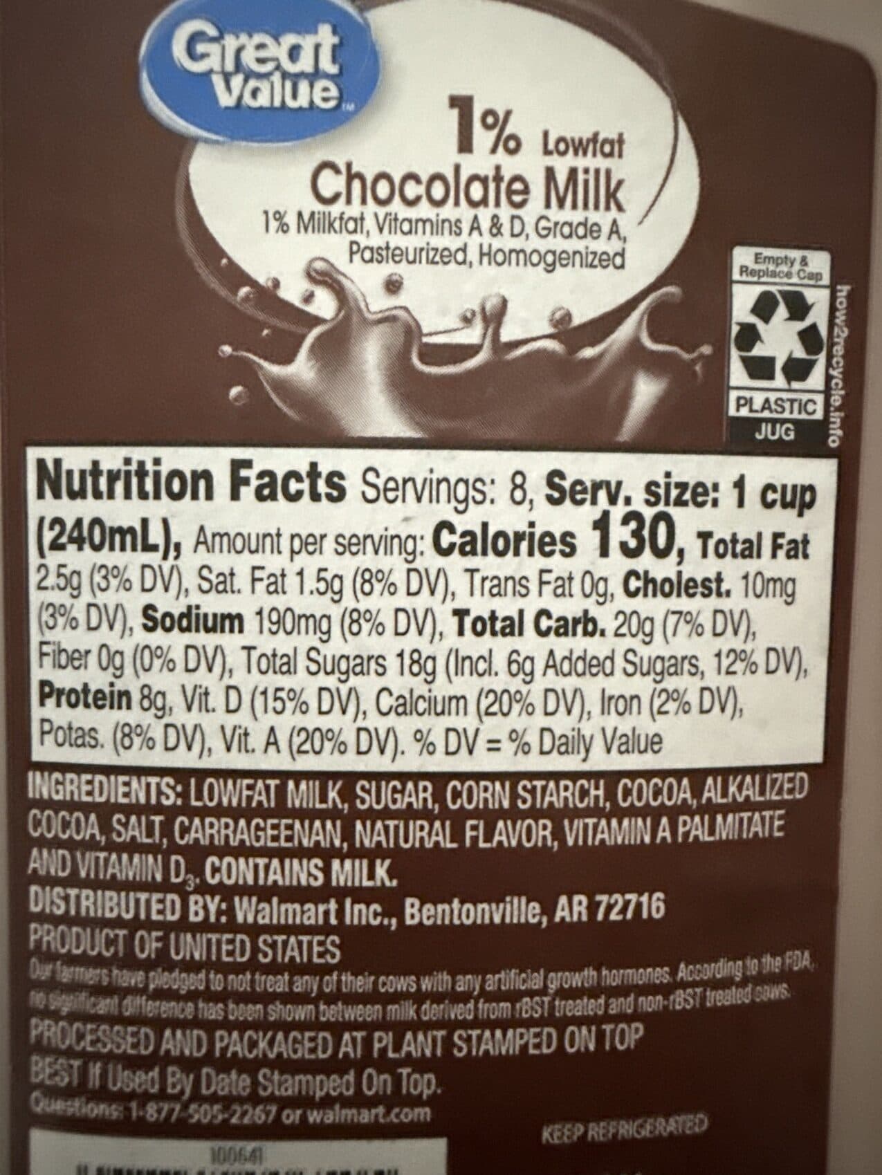 Wal-Mart Stores Inc. Great value, 1% low fat chocolate milk, chocolate packshot