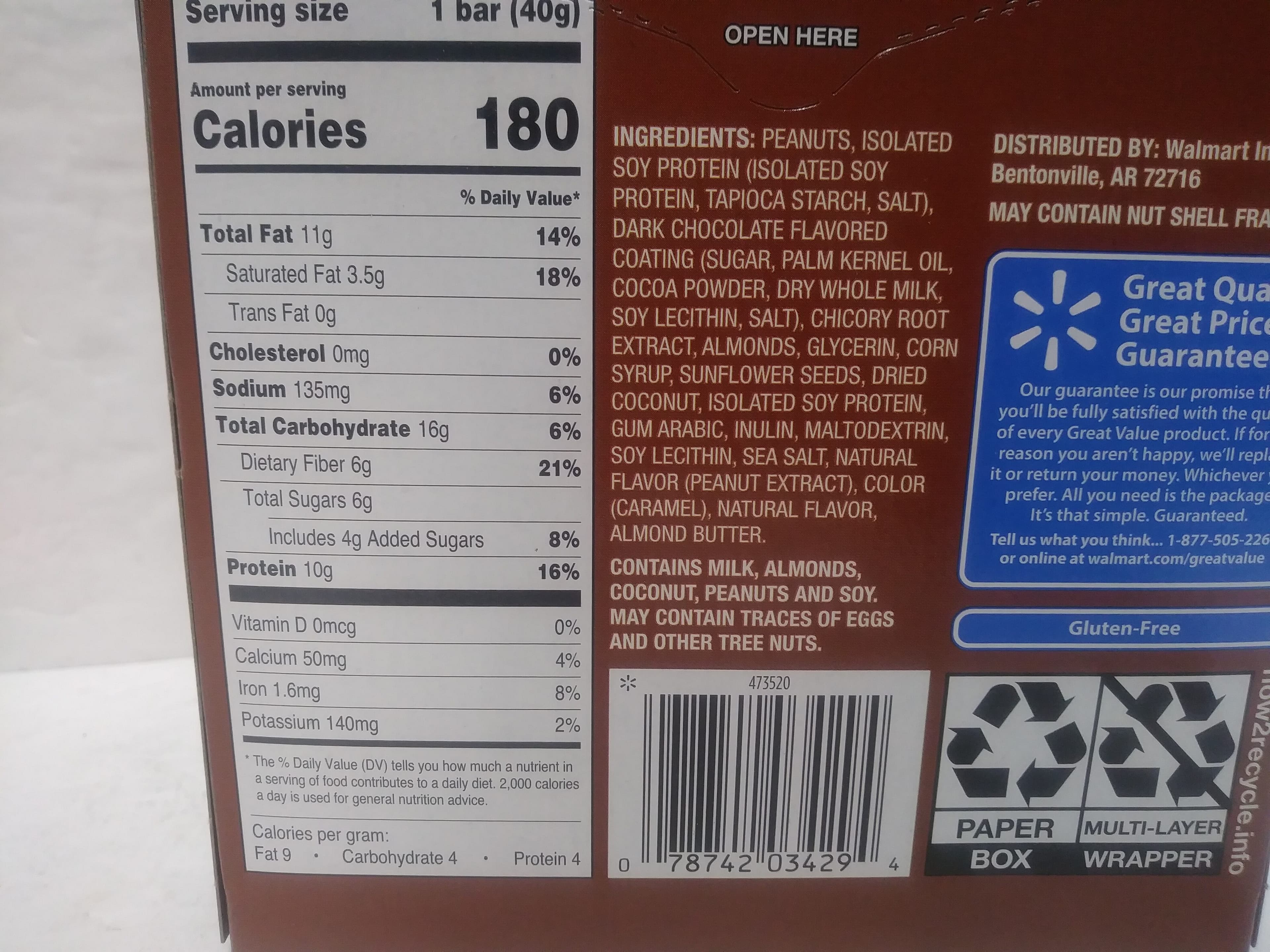 Great Value Peanut, Almond & Dark Chocolate Protein Chewy Granola Bars packshot