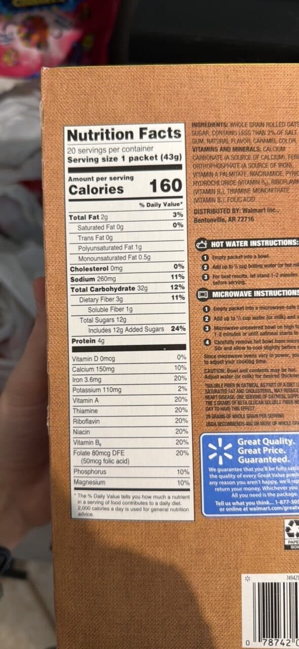Great Value Maple Brown Sugar Instant Oatmeal packshot