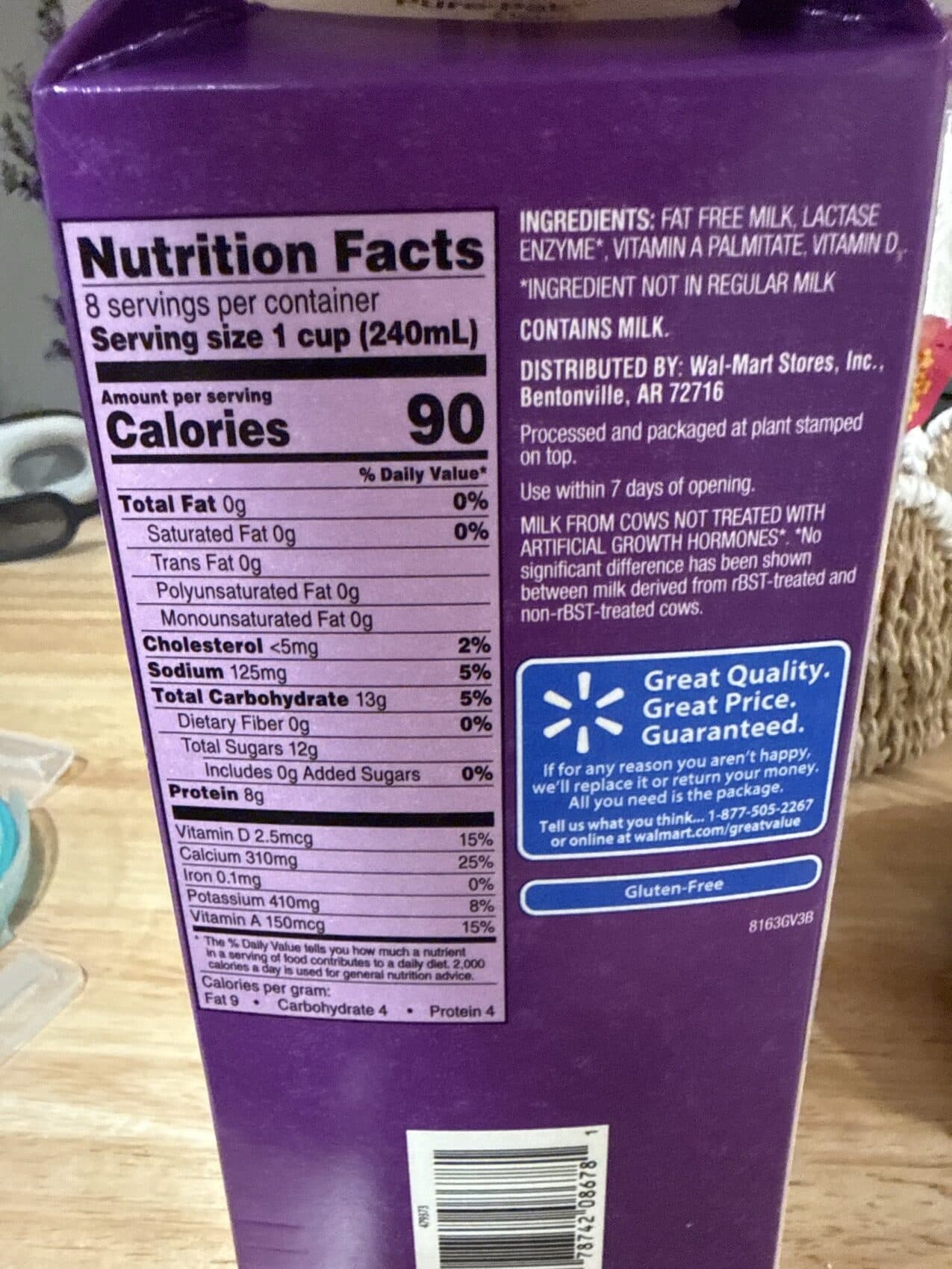 Great Value Fat Free Milk Lactose Free Ultra-Pasteurized packshot