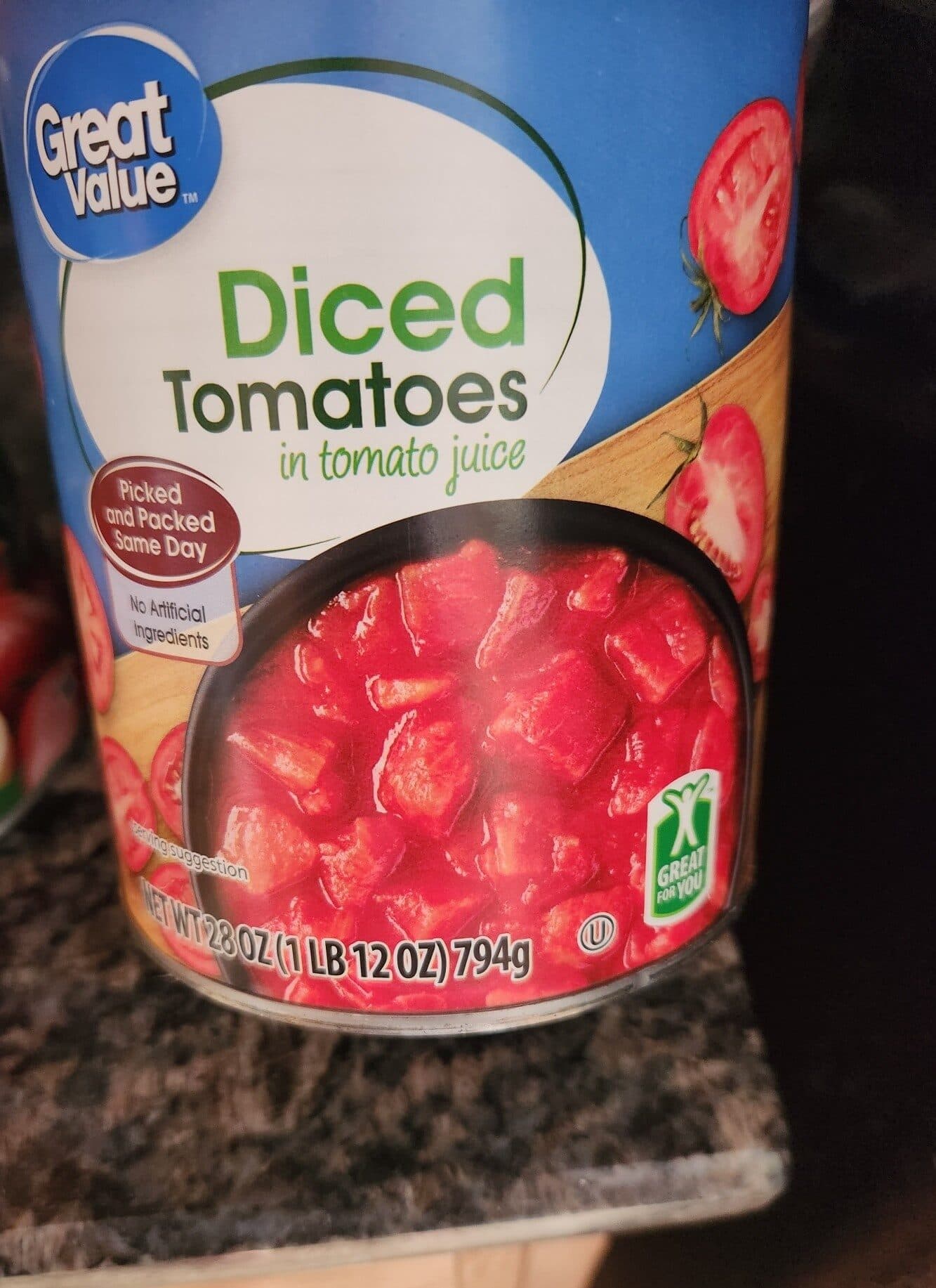 Great Value Diced Tomatoes in tomato juice packshot