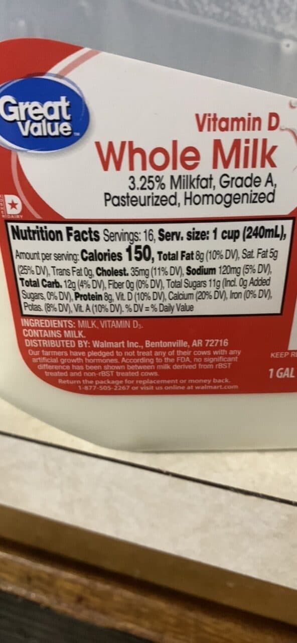 Great Value Whole Milk packshot