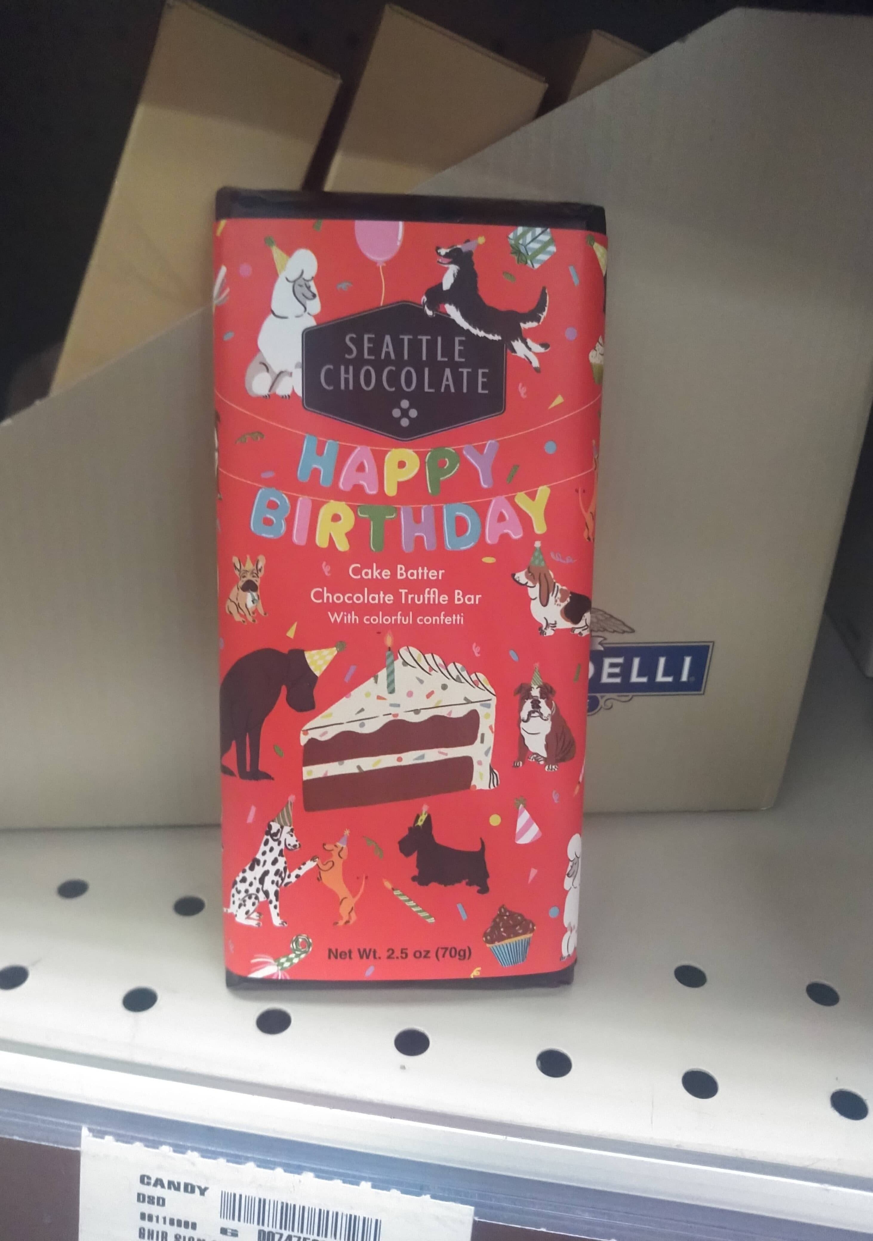 Seattle Chocolate Company Seattle chocolates, milk chocolate truffle bar, birthday cake batter packshot