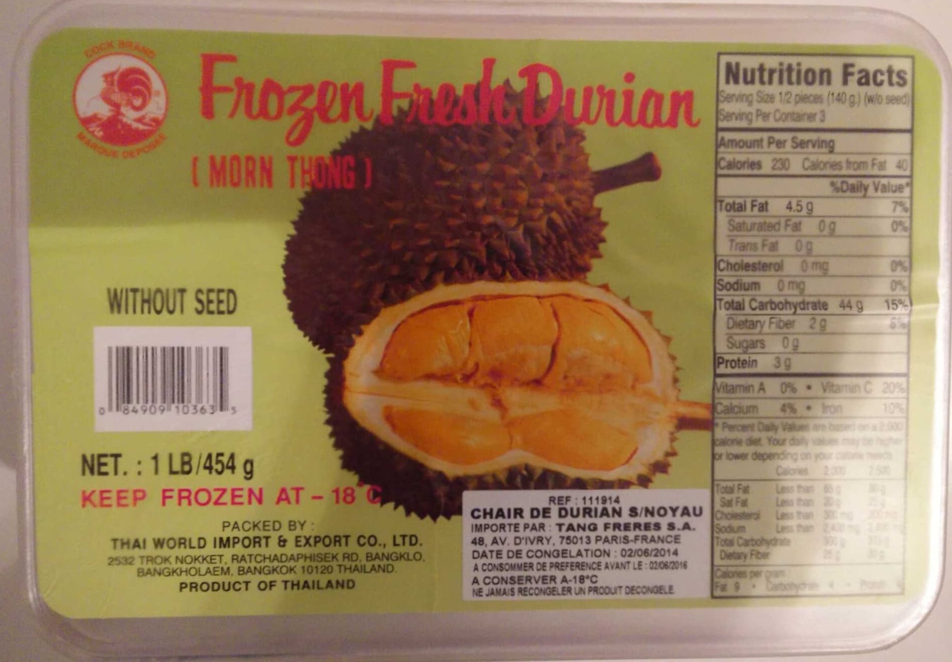Cock Brand Frozen Fresh Durian packshot