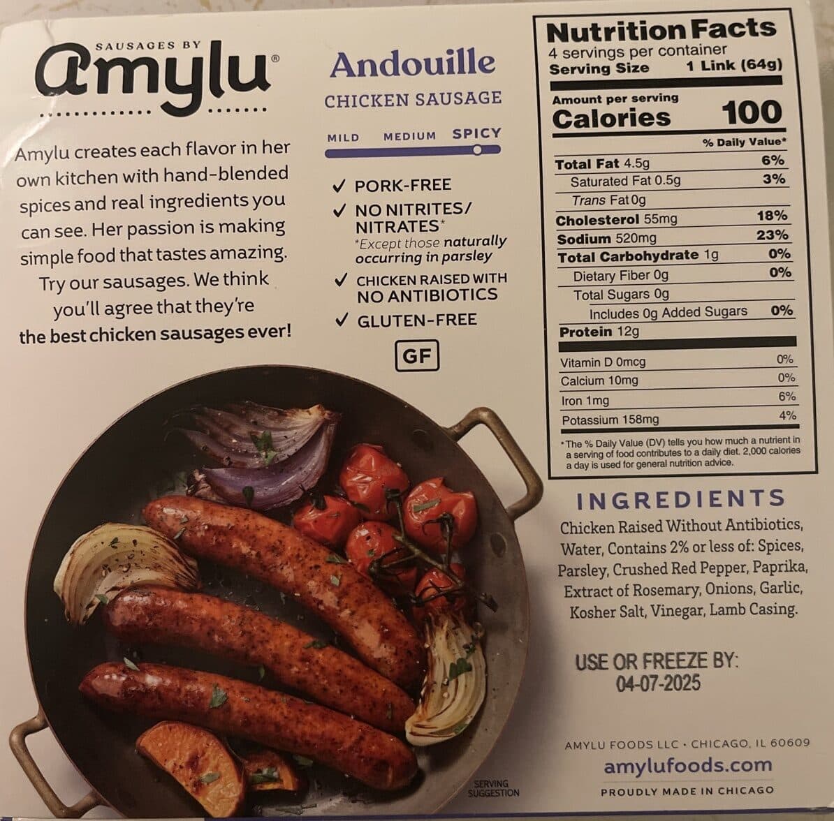 Amylu Andouille chicken sausage packshot