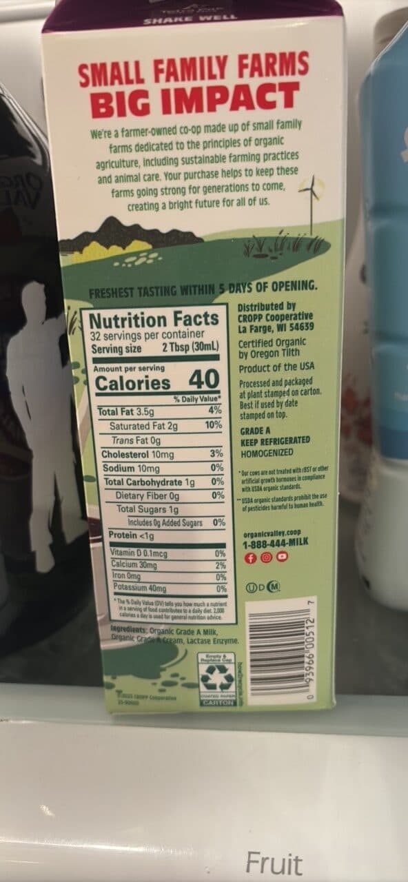 Organic Valley Lactose Free Half & Half packshot