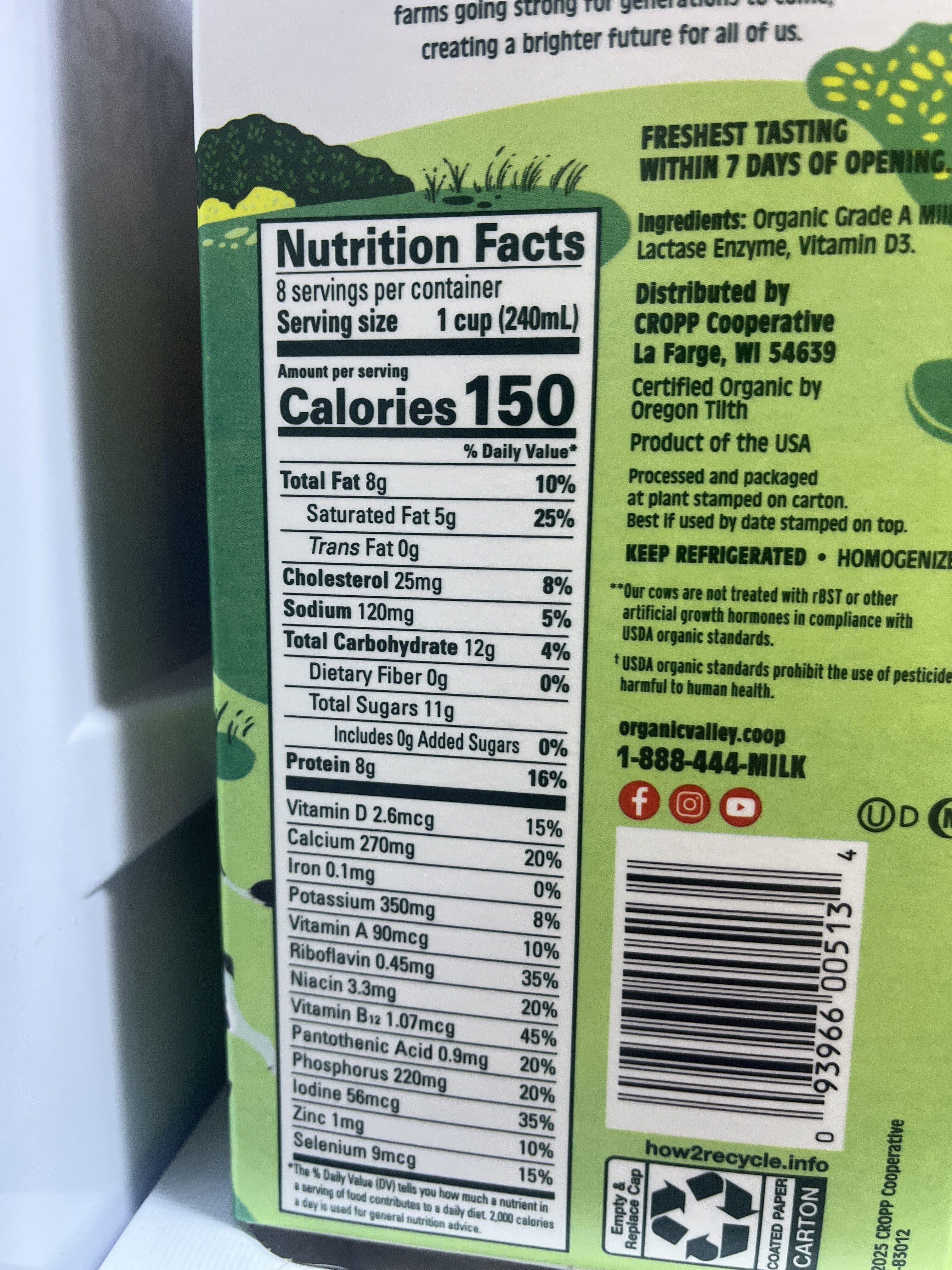 ORGANIC VALLEY LACTOSE FREE WHOLE MILK packshot