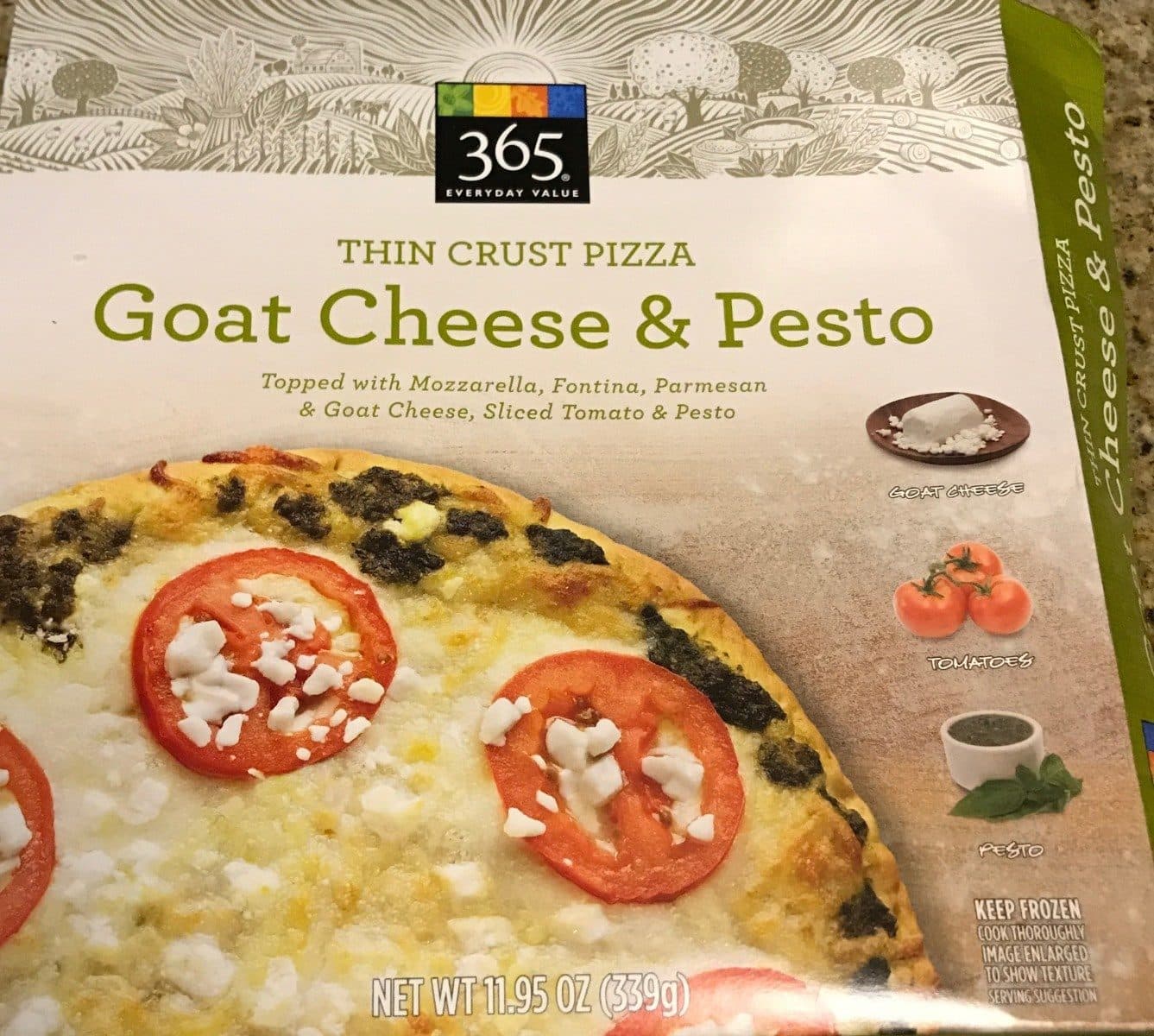 365 Everyday Value Goat cheese & pesto thin crust pizza, goat cheese & pesto packshot