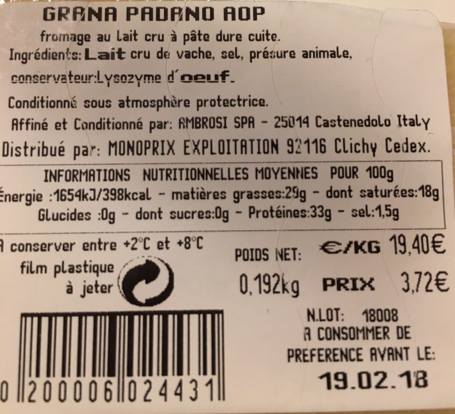 Monoprix Grana Padano AOP packshot