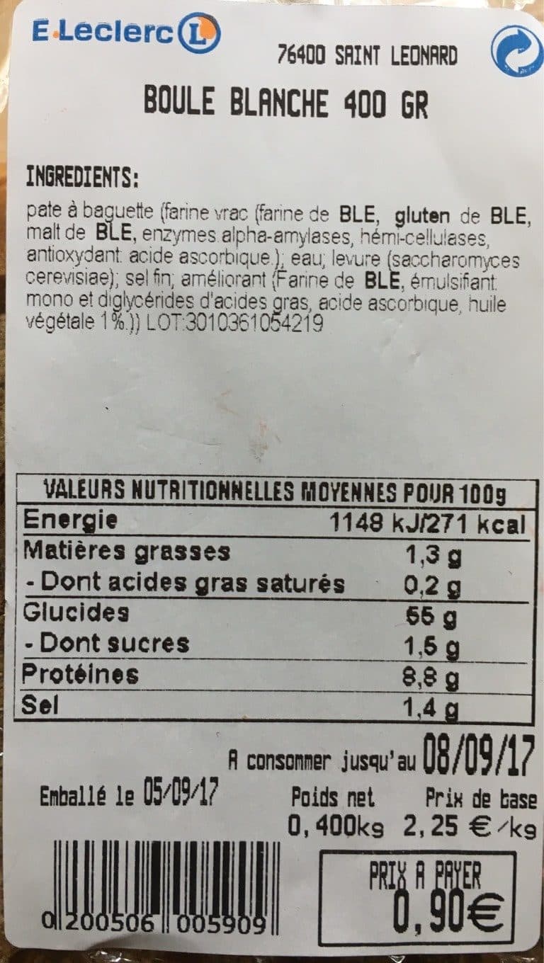 Leclerc Boule blanche 400gr packshot