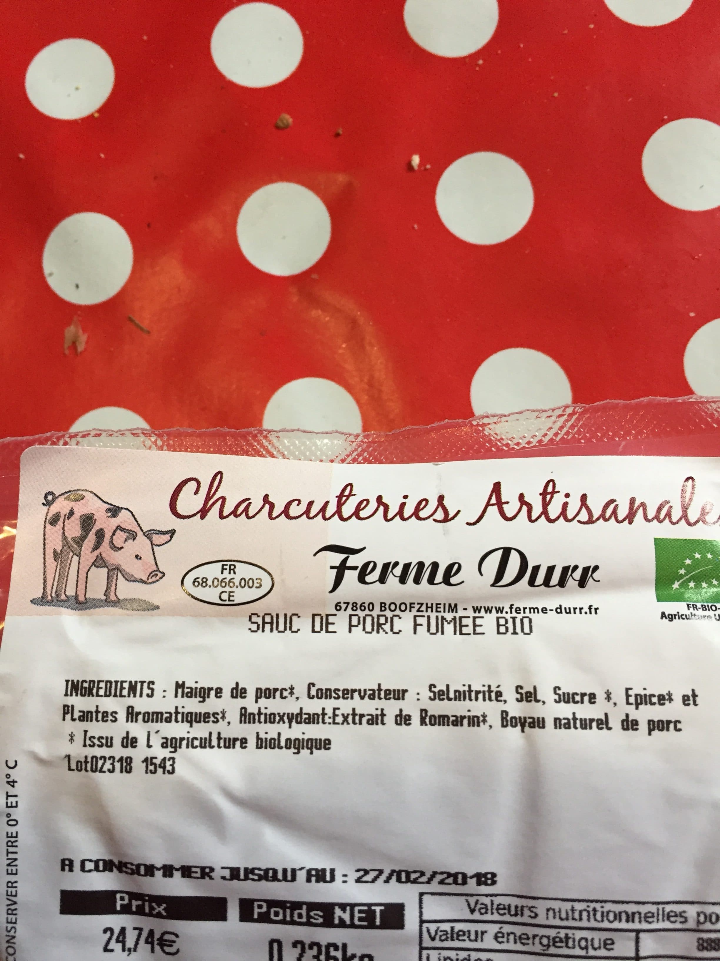 Ferme Dur Saucisse de porc fumee bio packshot